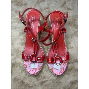 Coach Red patent leather Wedge sandals Red pink red lining esperillas size 6